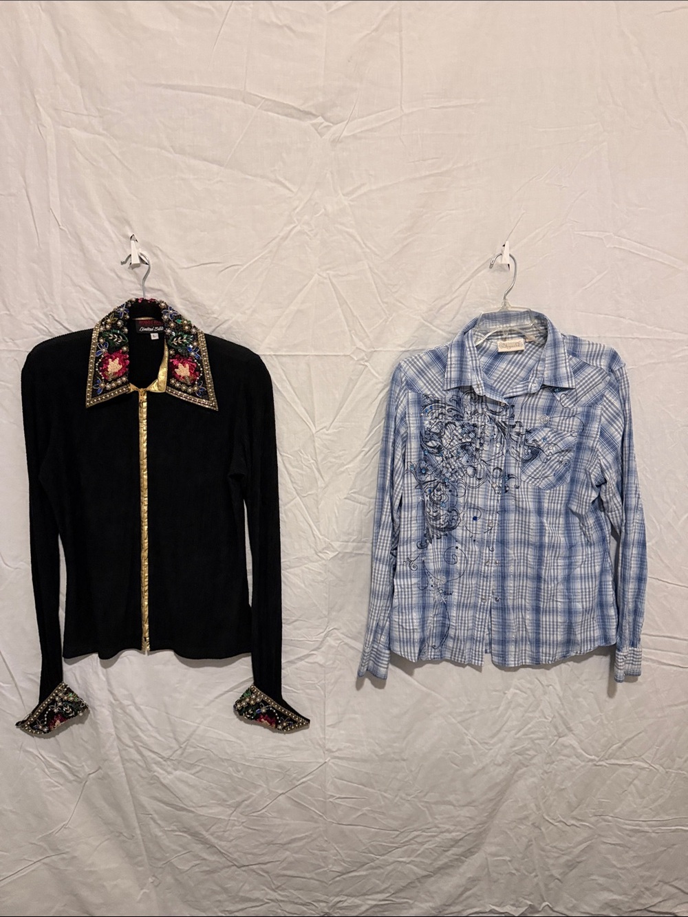 Black Embellished Button-Down Top with Floral Collar and A Blue Western Shirt